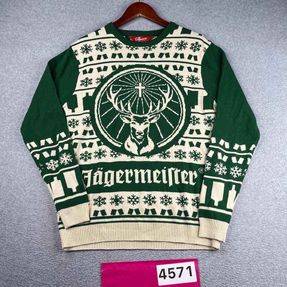 Jagermeister Christmas Sweater Green Beige Logo Knit Casual Mens Small Shinesty